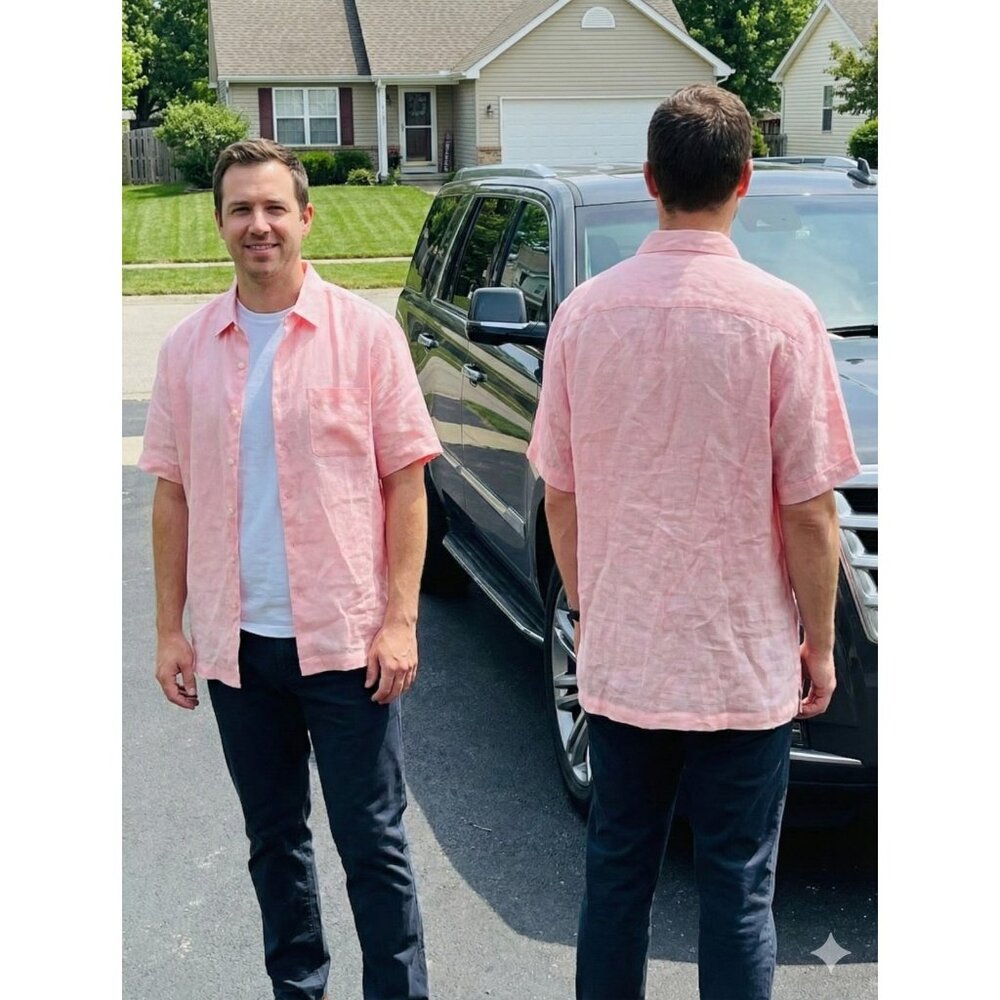 Club Room Luxury Linen Shirt Mens Large Pink Short Sleeve Button Up 100% Linen L